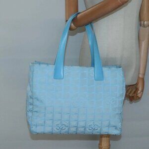 CHANEL New travel line Tote Bag Nylon Light Blue Silver CC Auth 135449